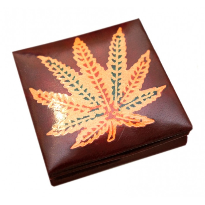 Leather wallet with button "Cannabis" Burgundy