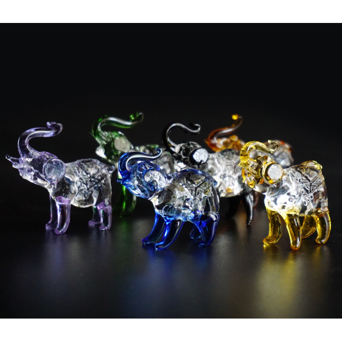  Set of six colored glass elephants