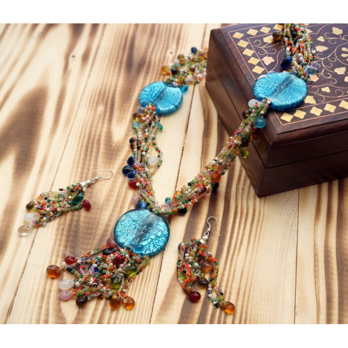 Set of beads + earrings ACCESSORY Blue glass