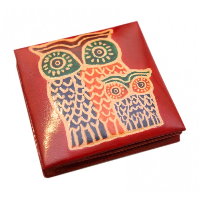 Leather wallet with button Owls Red