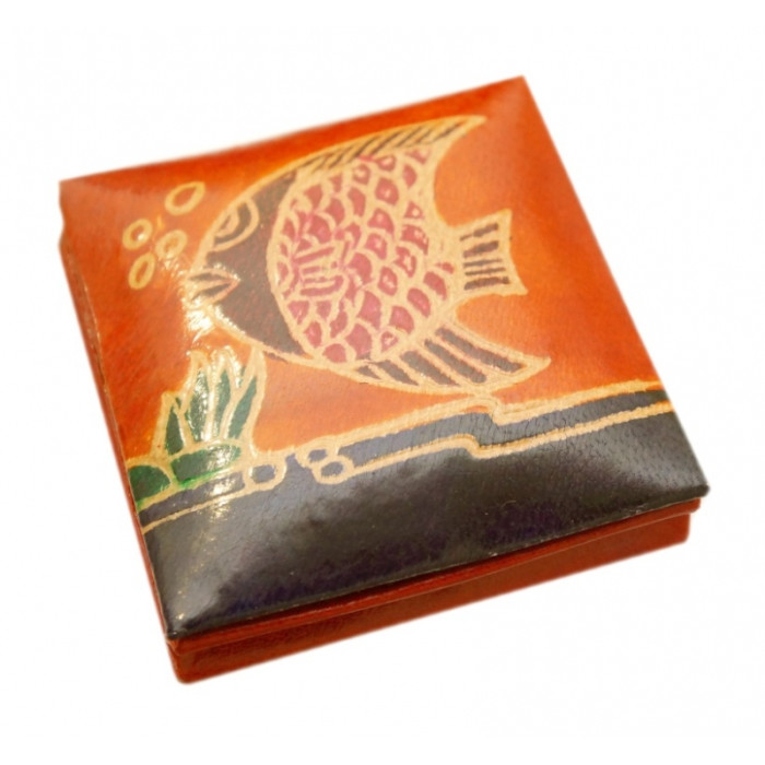 Leather wallet with button Fish Orange