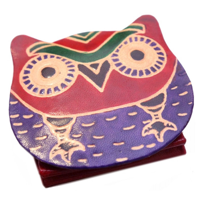 Leather wallet with button ZOO Owl Red