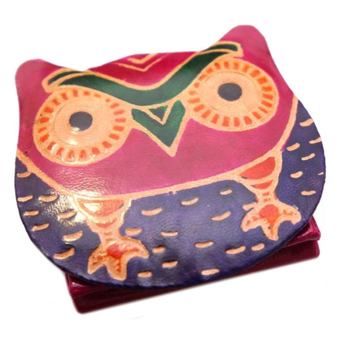 Leather wallet with button ZOO Owl Raspberry