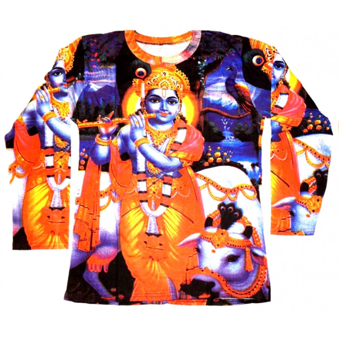 T-shirt men's long sleeve Krishna with a flute blue