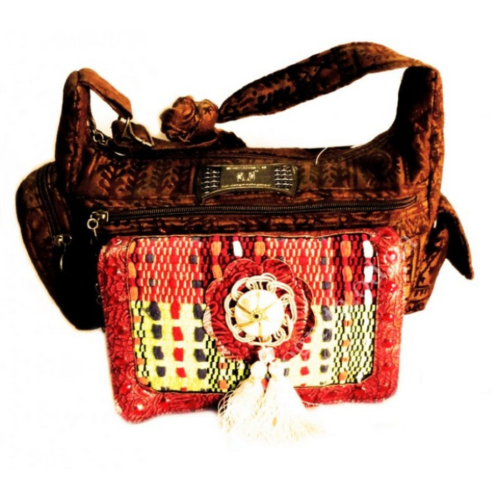 Bag ladies' leather + textiles + beads №1