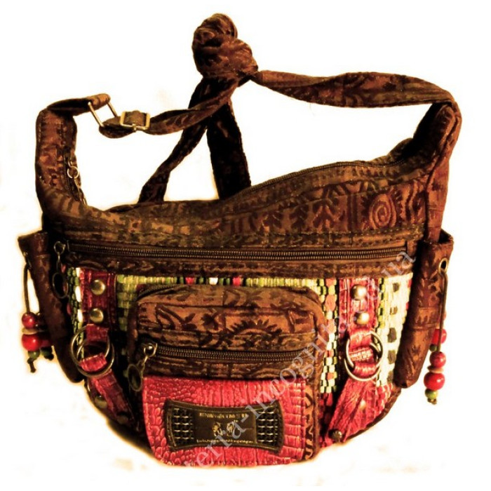 Ladies leather bag + textiles + beads №2