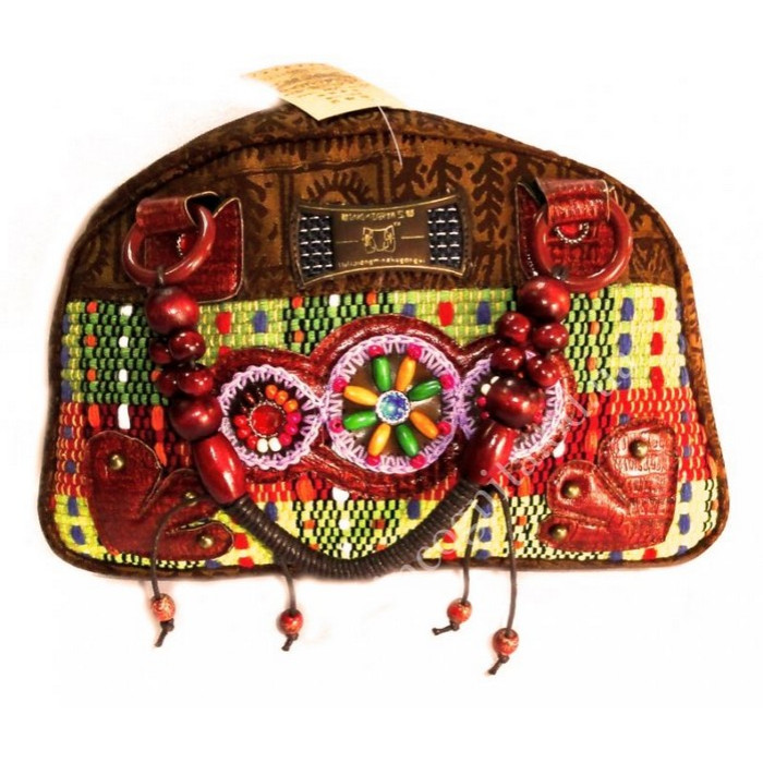 Ladies leather bag + textiles + beads №4