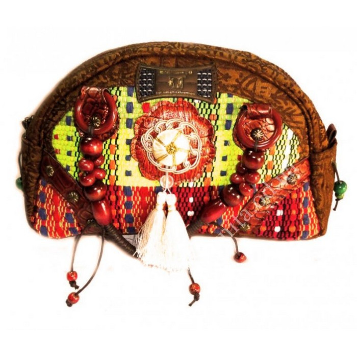 Ladies leather bag + textiles + beads №5