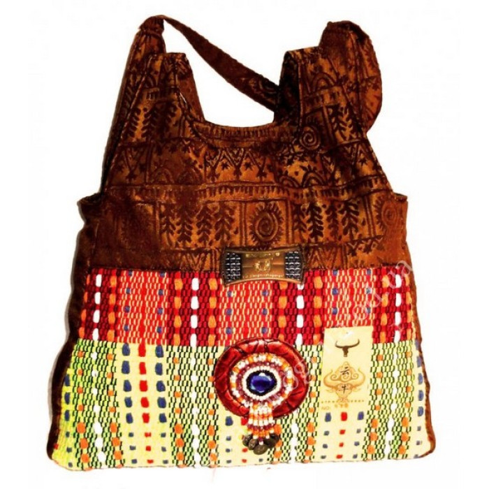 Ladies leather bag + textiles + beads №7