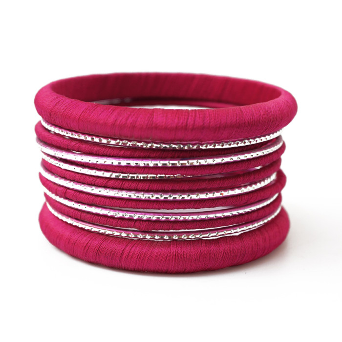 Set of 13 bracelets ring in fabric Raspberry