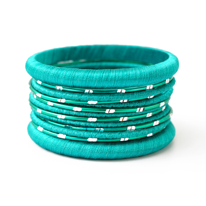 Set of 13 bracelets ring in fabric Green