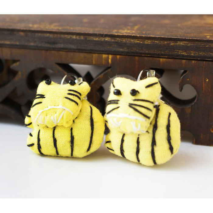 Rag earrings Striped cat yellow