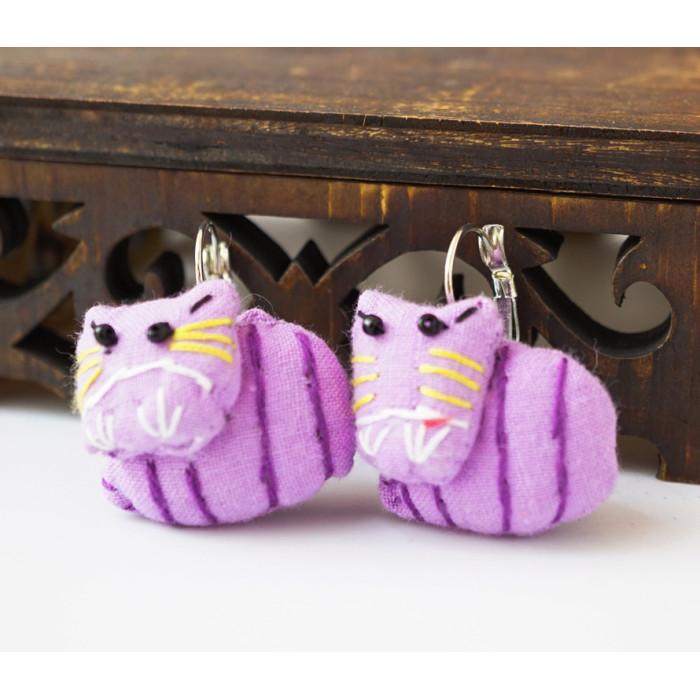 Rag earrings Striped cat lilac