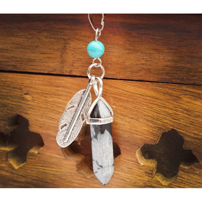 Pendant Feather insert Snow obsidian