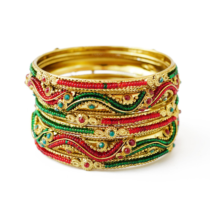 Classic bracelet 6 rings Bisser Green + Red