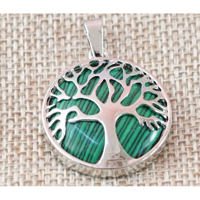 Pendant white metal Tree of Life insert Malachite polymer