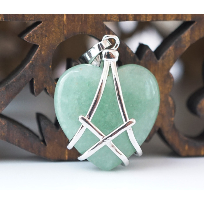 Pendant Heart in the grid insert Green aventurine