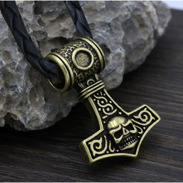 Thor's Hammer with Skull Pendant Yellow Metal