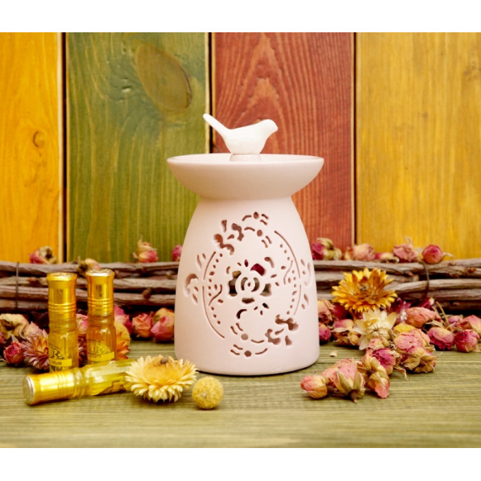Aroma lamp ceramic "Bird + ivy" Pink
