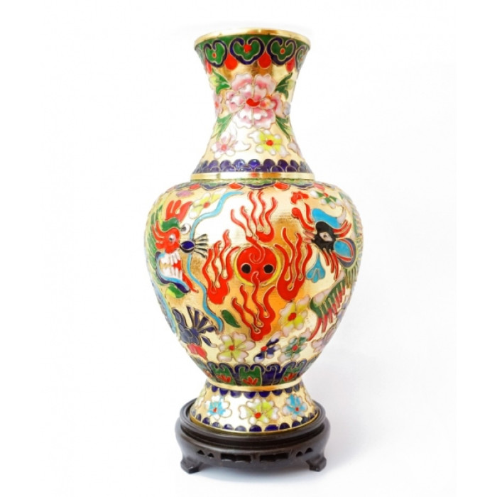Vase on a stand cloisonne enamel "Phoenix + Dragon"
