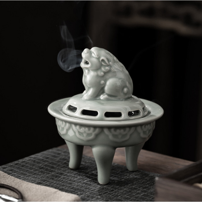 Snow Lion Incense Burner Made of Celadon Ceramics