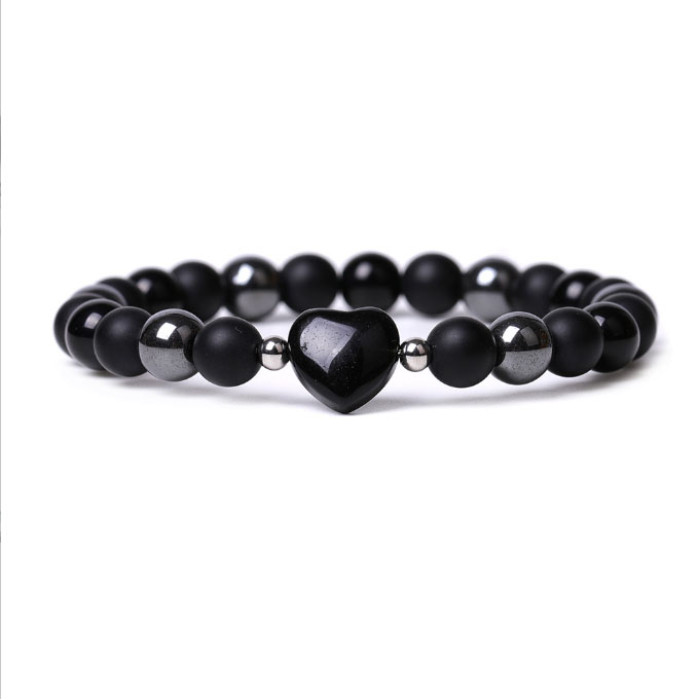Bracelet Heart Hematite Lava Stone Black Obsidian