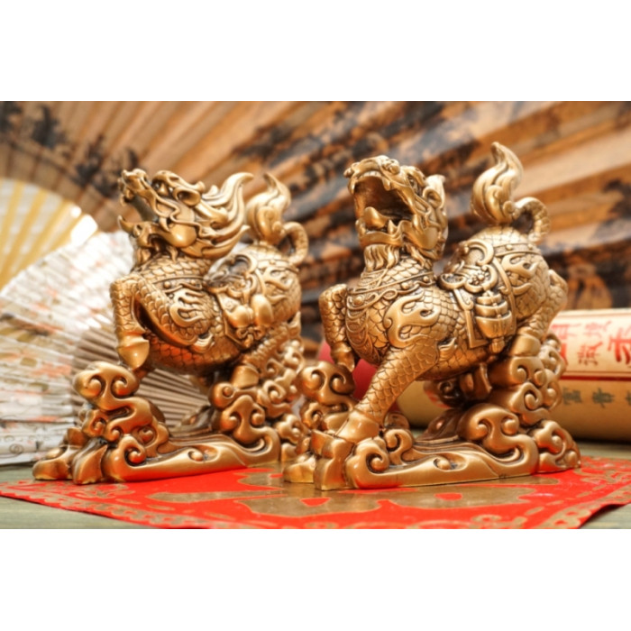 Pair of Qilin on coins bronze color