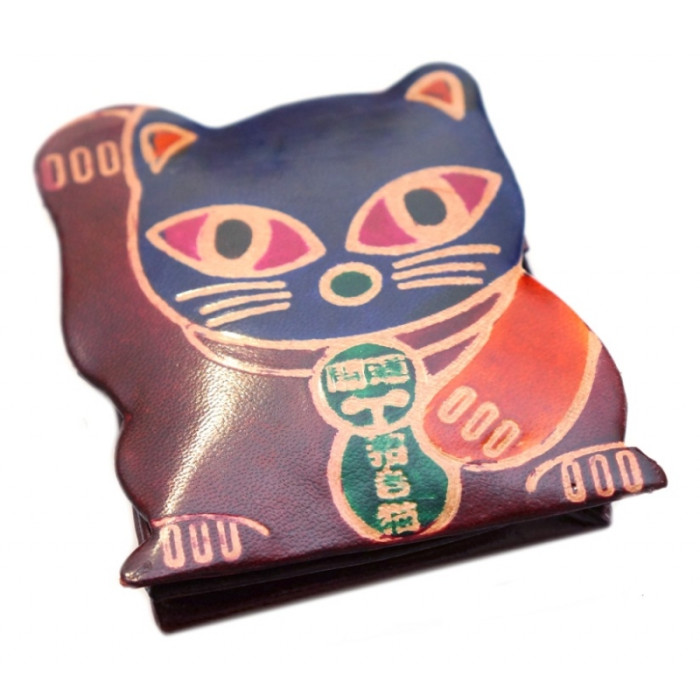  Leather wallet with ZOO button Maneki Neko Burgundy