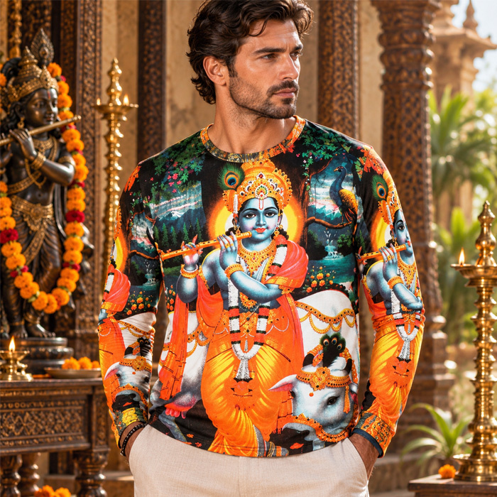 T-shirt men's long sleeve Krishna with a flute black
