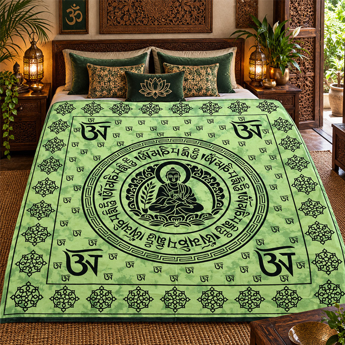 Double Bedsheet Buddha Sanskrit light green