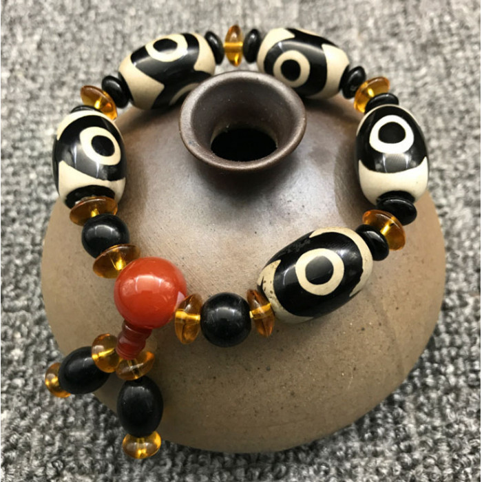 Bracelet "5 white beads DZI" 3 eyes with amber