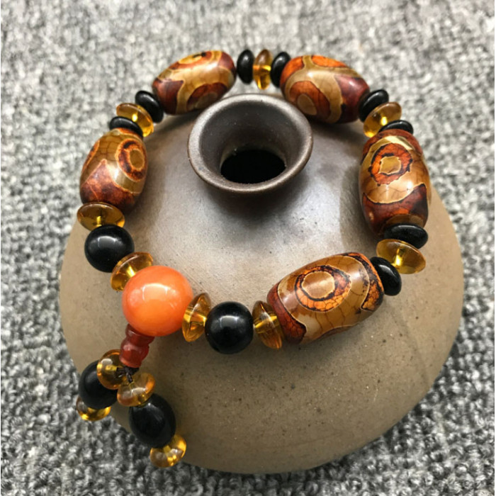 Bracelet "5 brown DZI beads" 3 eyes with amber