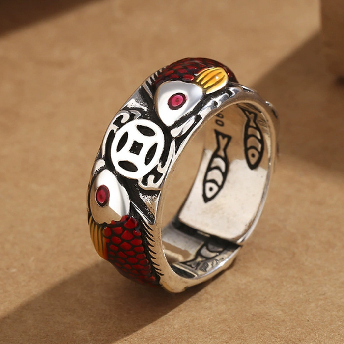 Koi Carp Ring with Enamel Coin