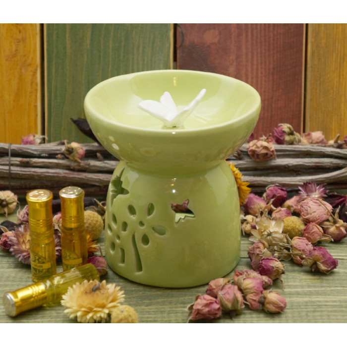Aroma lamp ceramic Butterfly in flowers Light green