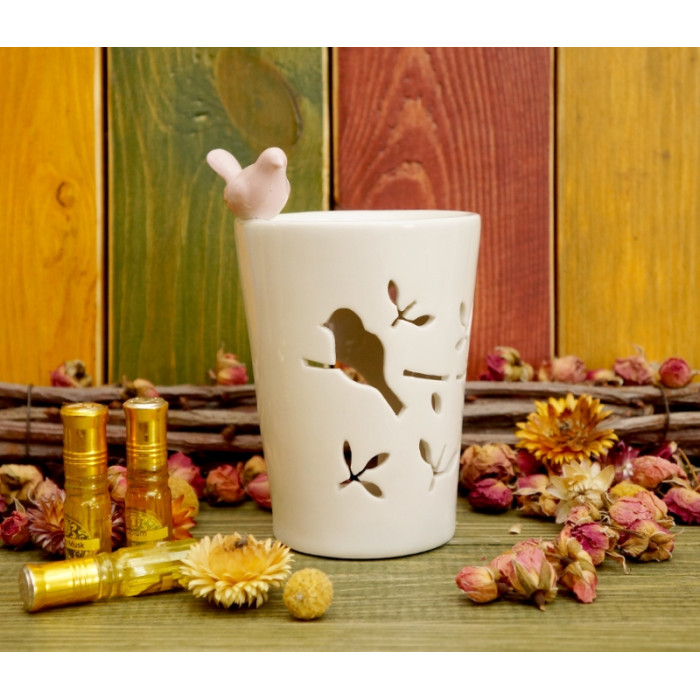 Aroma lamp ceramic Bird on the edge White