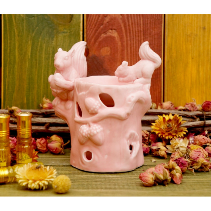 Ceramic aroma lamp Two squirrels on a tree Pink