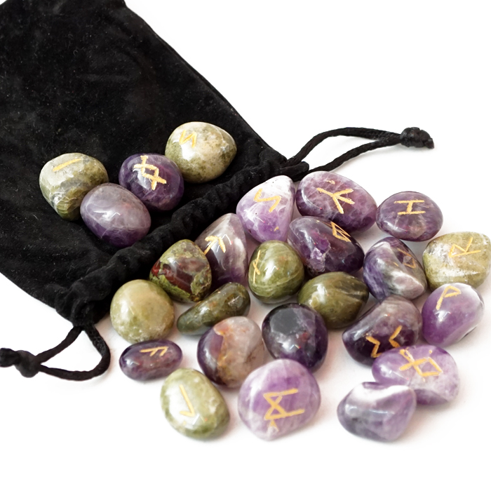 Assorted Amethyst and Green Jasper Rune Stone Set
