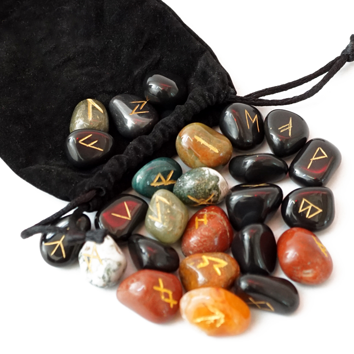 Assorted Stone Rune Set of Obsidian, Red Jasper and Agate