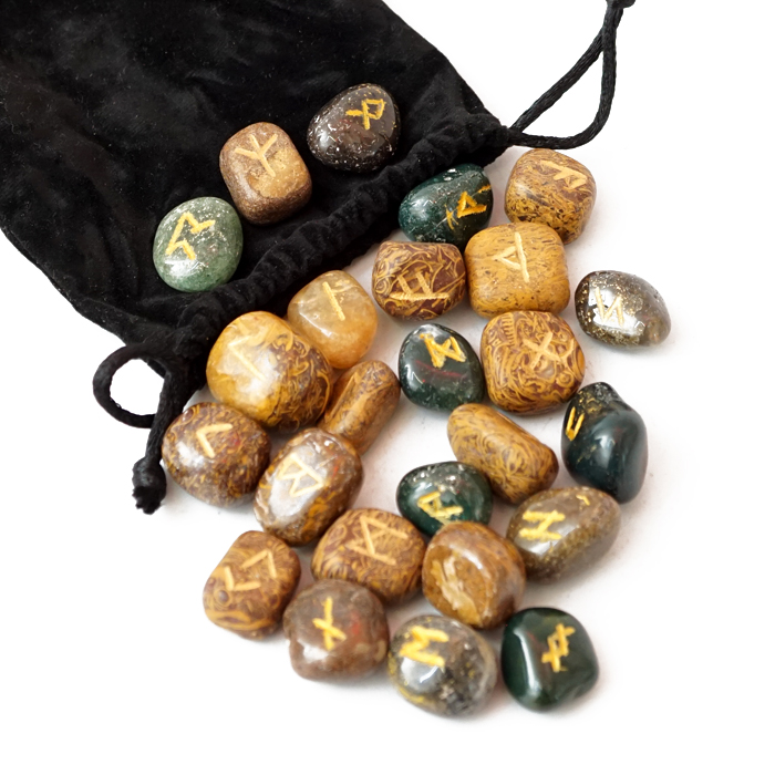 Assorted Rune Stone Set of Wood and Green Agate