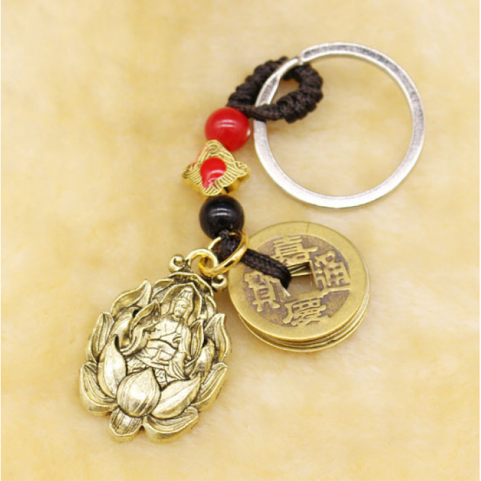 Keychain Feng Shui Guan Yin in lotus + 5 coins