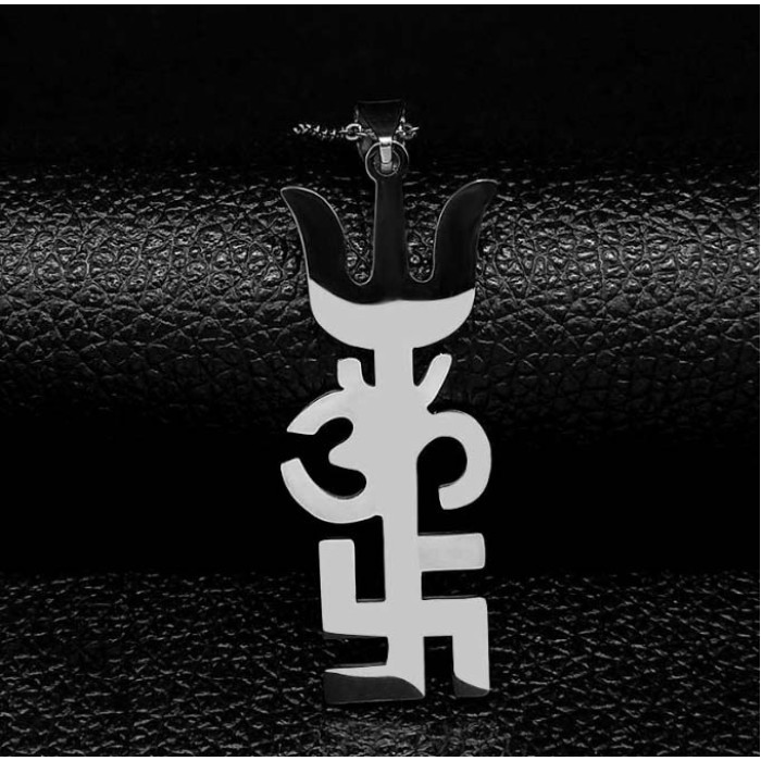 Om Swastika Trishula white metal with chain 60 cm.