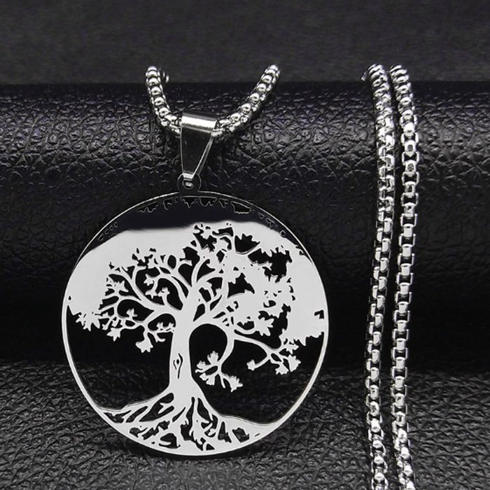 Talisman Tree of Life in a circle, white metal with a 60cm chain.