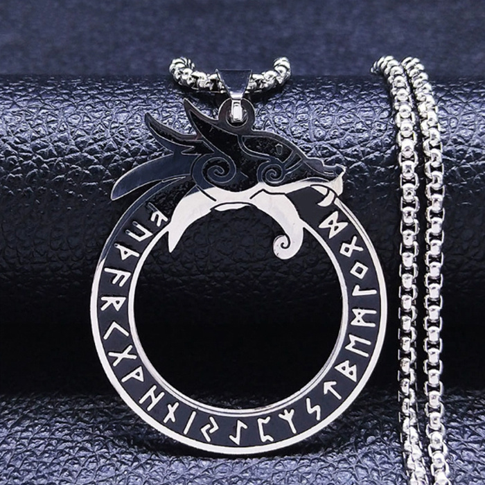 Ouroboros talisman white metal 60cm chain.
